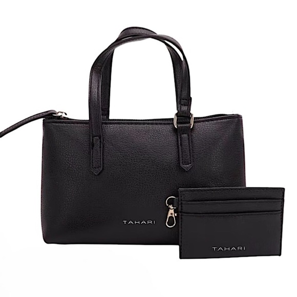 TAHARI • Gift Set 4 Pieces Black Leather Satchel, Black Card Case, 2 Scrunchies - Picture 1 of 5